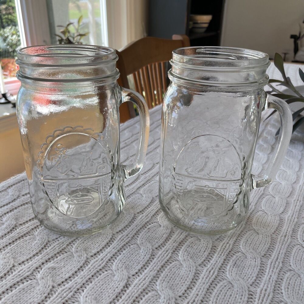 2 Vtg GOLDEN HARVEST 3” Wide Mouth 6.75” Tall Drinking Mason Glass Jars 28 Oz